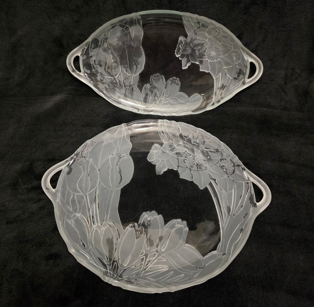 Vintage Frosted Glass Serving Trays with Floral Handle (Set of 2)